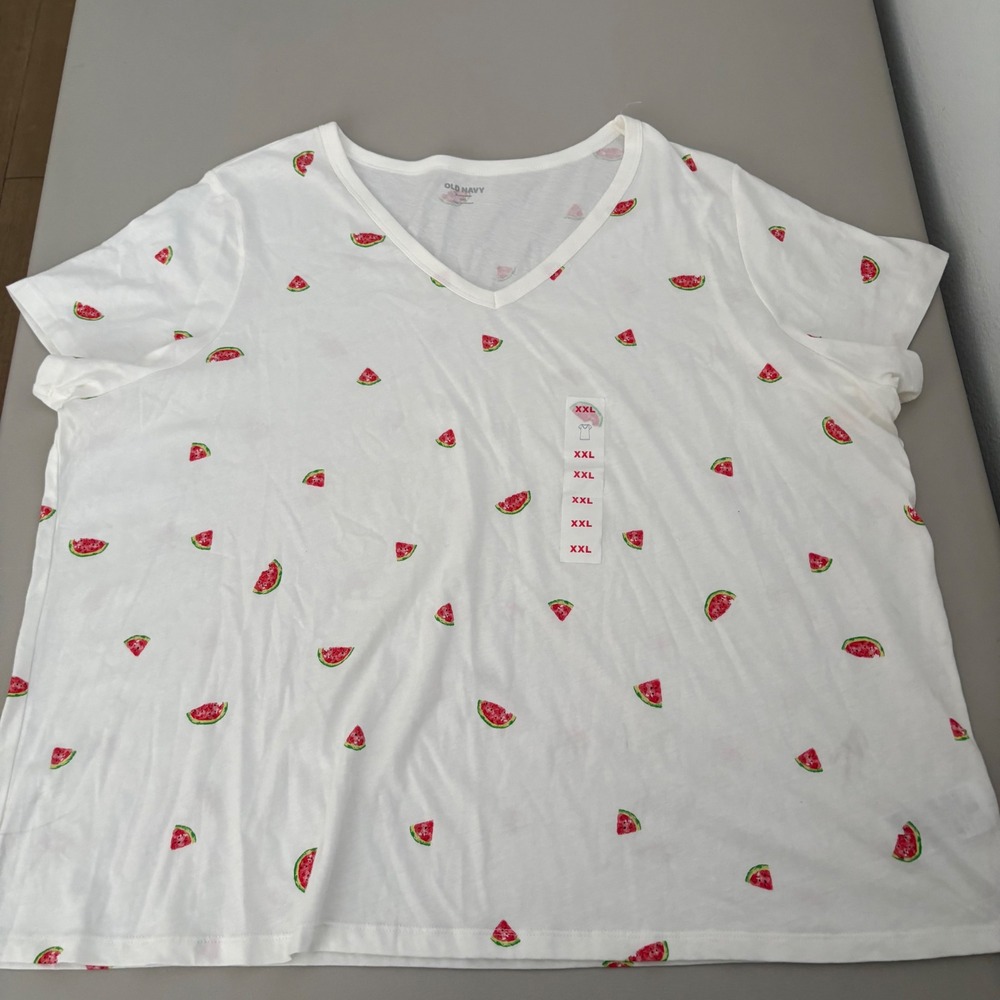 Old Navy Womens XXL Watermelon Print V-Neck Short Sleeve T-Shirt White Summer T